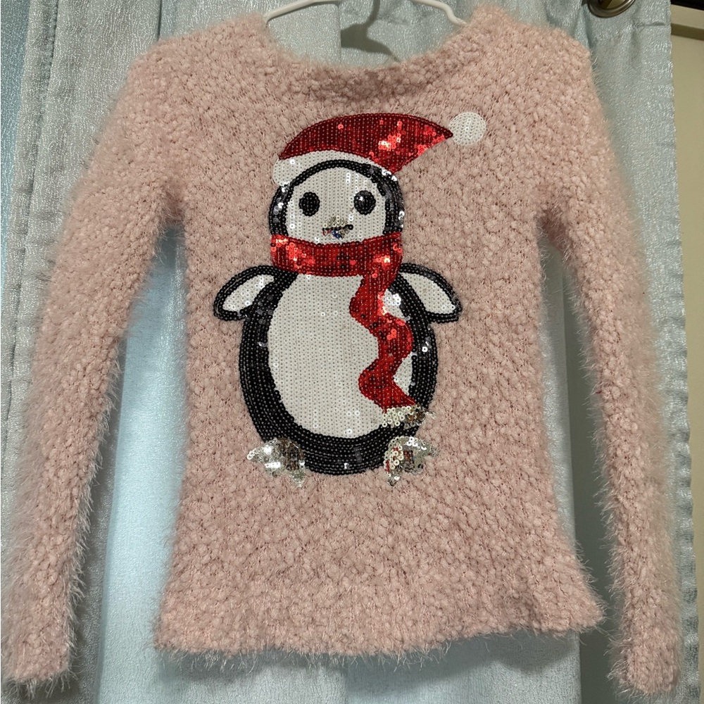 Pink Fuzzy Sweater with Sequin Penguin Design